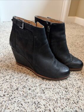 Black Biala Wedge Ankle Booties with Side Zip and Buckle Detail Sz 8